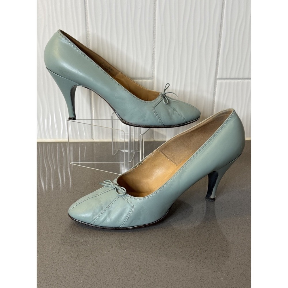 VTG SAKS FIFTH AVENUE Fenton Last Aqua Blue Women Leather Pump Shoe 7.5 AA GUC